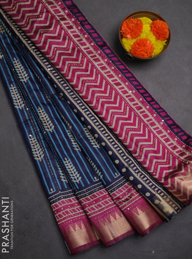Semi tussar saree navy blue and magenta pink with allover prints & kantha stitch work and zari woven border
