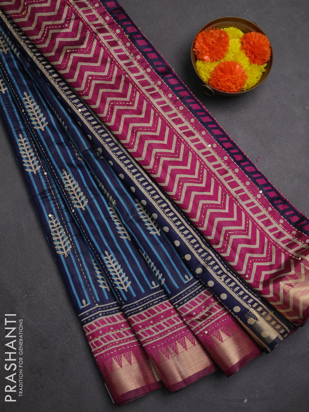 Semi tussar saree navy blue and magenta pink with allover prints & kantha stitch work and zari woven border
