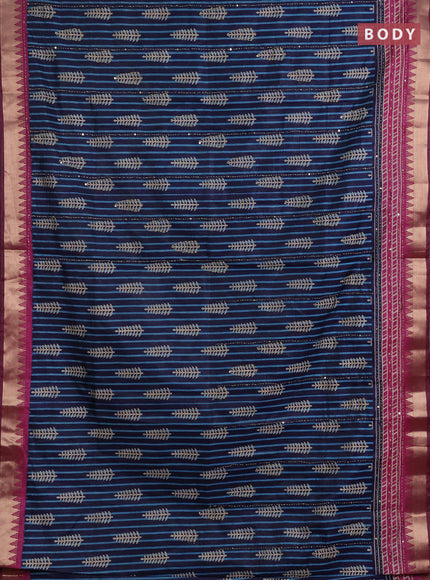 Semi tussar saree navy blue and magenta pink with allover prints & kantha stitch work and zari woven border