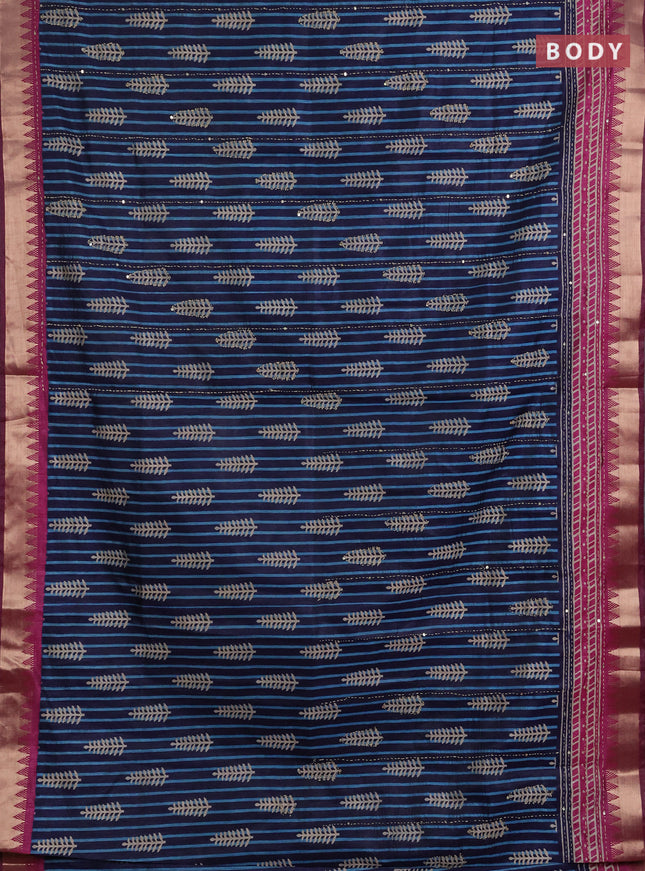 Semi tussar saree navy blue and magenta pink with allover prints & kantha stitch work and zari woven border