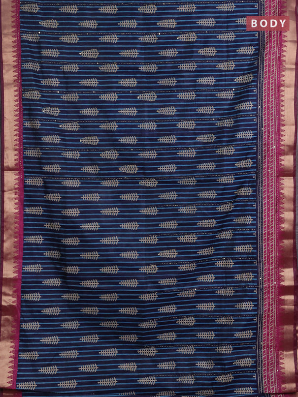 Semi tussar saree navy blue and magenta pink with allover prints & kantha stitch work and zari woven border