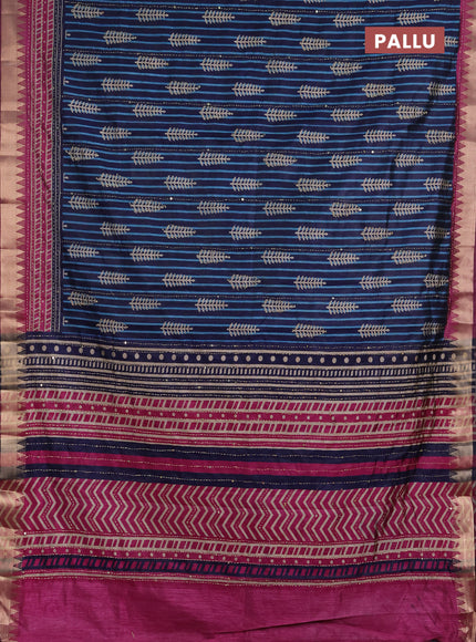 Semi tussar saree navy blue and magenta pink with allover prints & kantha stitch work and zari woven border