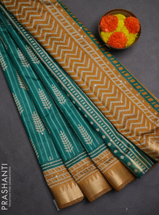 Semi tussar saree teal green and dark mustard with allover prints & kantha stitch work and zari woven border