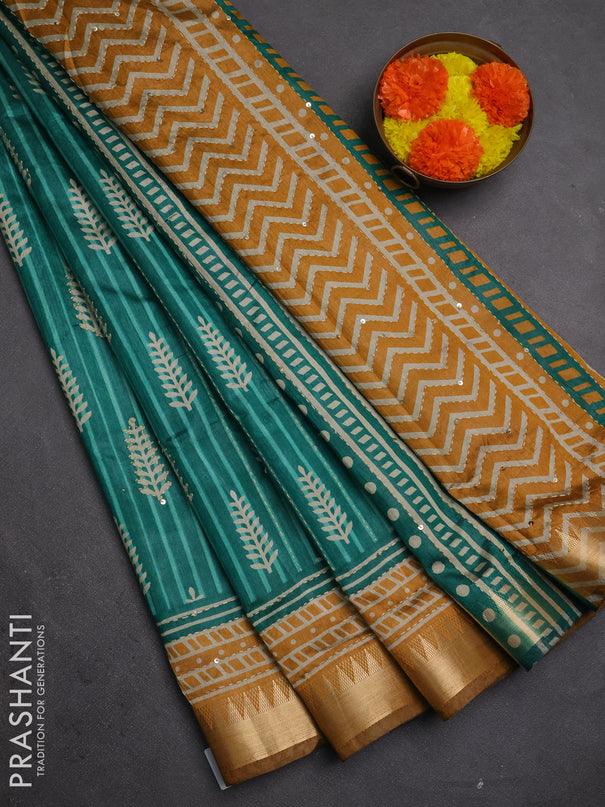 Semi tussar saree teal green and dark mustard with allover prints & kantha stitch work and zari woven border
