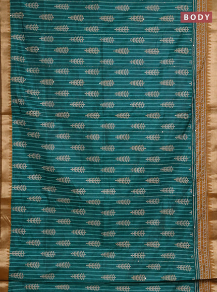 Semi tussar saree teal green and dark mustard with allover prints & kantha stitch work and zari woven border