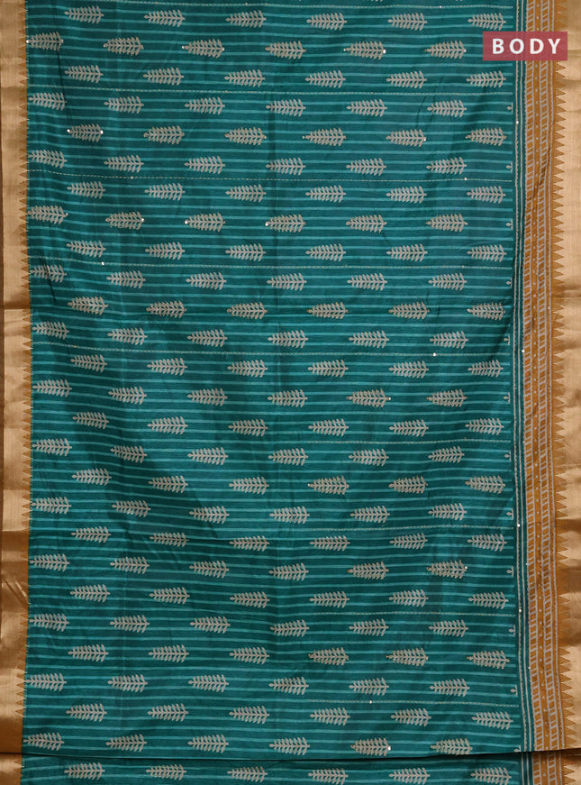 Semi tussar saree teal green and dark mustard with allover prints & kantha stitch work and zari woven border