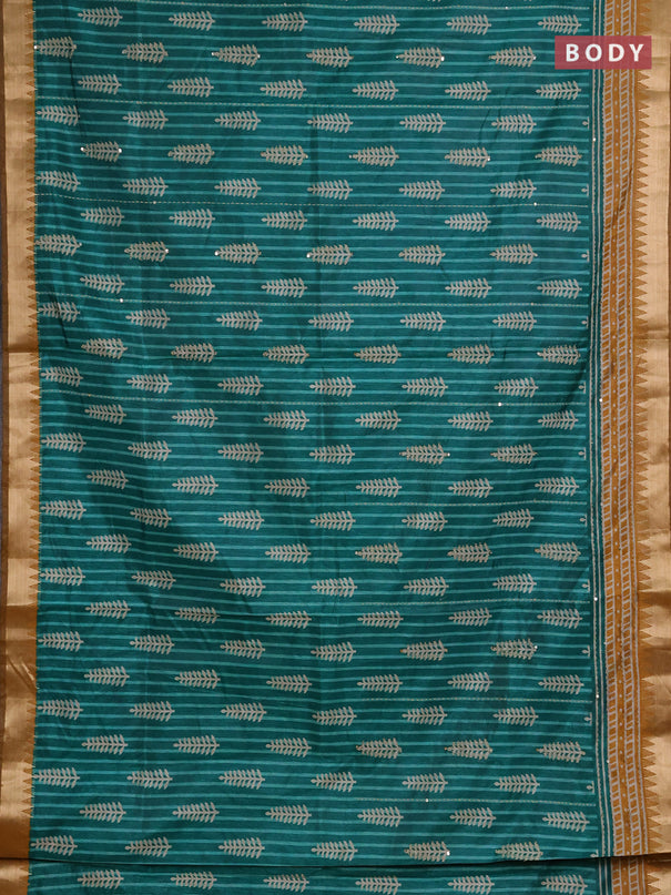 Semi tussar saree teal green and dark mustard with allover prints & kantha stitch work and zari woven border