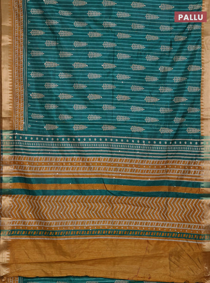 Semi tussar saree teal green and dark mustard with allover prints & kantha stitch work and zari woven border
