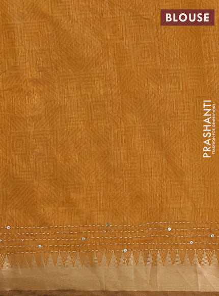 Semi tussar saree teal green and dark mustard with allover prints & kantha stitch work and zari woven border