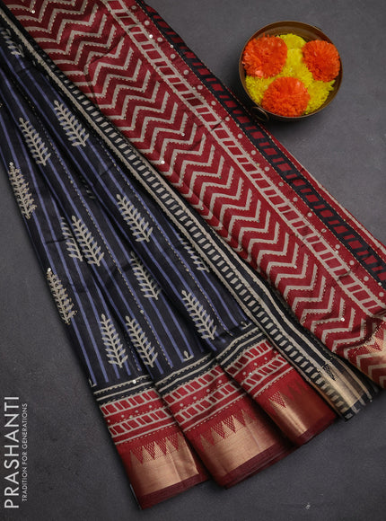 Semi tussar saree black grey and maroon with allover prints & kantha stitch work and zari woven border