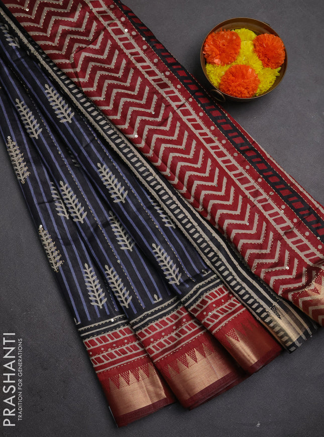 Semi tussar saree black grey and maroon with allover prints & kantha stitch work and zari woven border