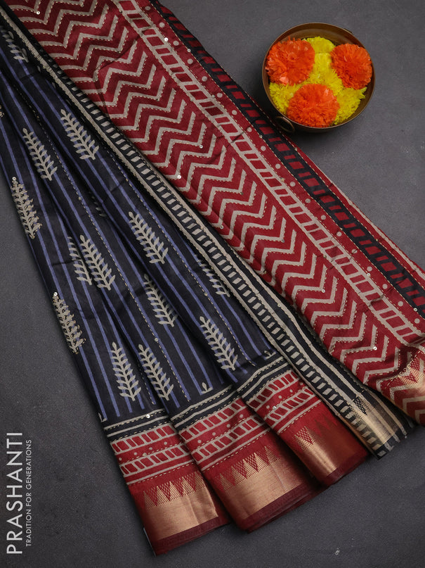 Semi tussar saree black grey and maroon with allover prints & kantha stitch work and zari woven border