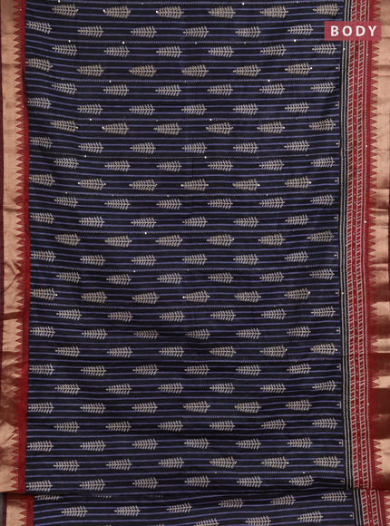 Semi tussar saree black grey and maroon with allover prints & kantha stitch work and zari woven border