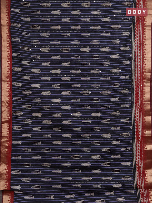 Semi tussar saree black grey and maroon with allover prints & kantha stitch work and zari woven border