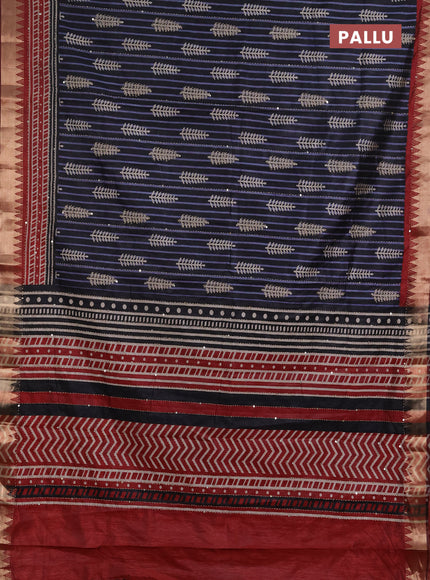 Semi tussar saree black grey and maroon with allover prints & kantha stitch work and zari woven border