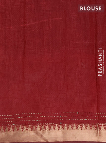 Semi tussar saree black grey and maroon with allover prints & kantha stitch work and zari woven border