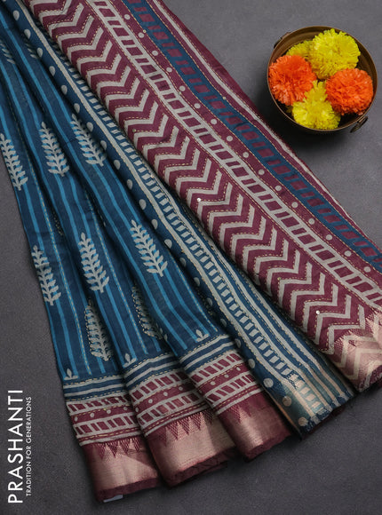 Semi tussar saree peacock blue and wine shade with allover prints & kantha stitch work and zari woven border