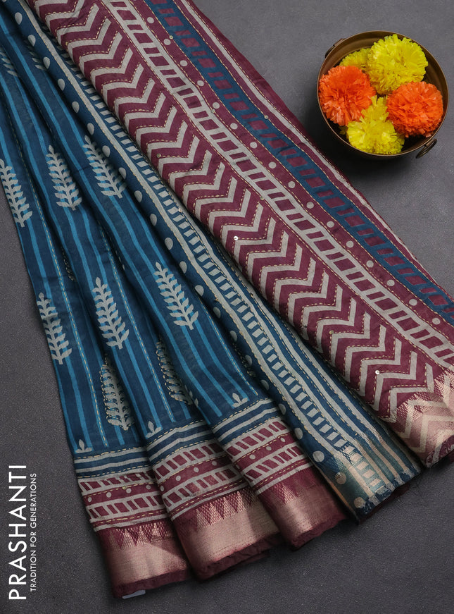 Semi tussar saree peacock blue and wine shade with allover prints & kantha stitch work and zari woven border