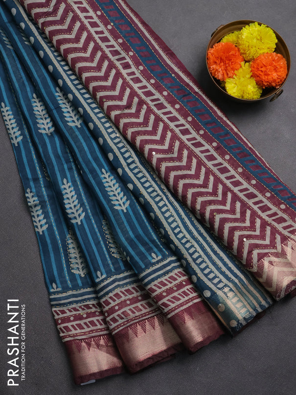 Semi tussar saree peacock blue and wine shade with allover prints & kantha stitch work and zari woven border