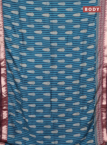 Semi tussar saree peacock blue and wine shade with allover prints & kantha stitch work and zari woven border