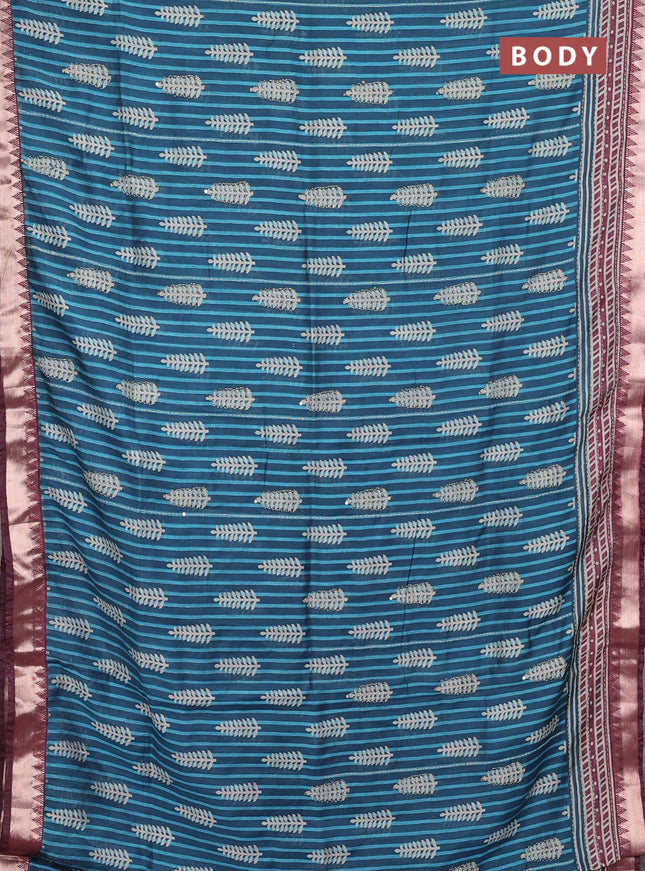 Semi tussar saree peacock blue and wine shade with allover prints & kantha stitch work and zari woven border