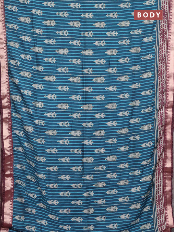 Semi tussar saree peacock blue and wine shade with allover prints & kantha stitch work and zari woven border