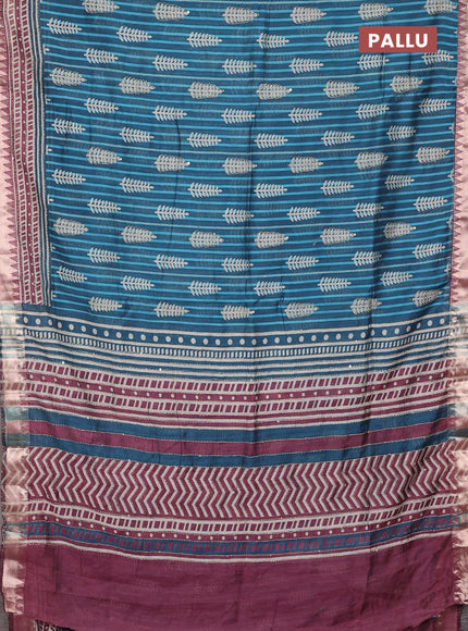 Semi tussar saree peacock blue and wine shade with allover prints & kantha stitch work and zari woven border
