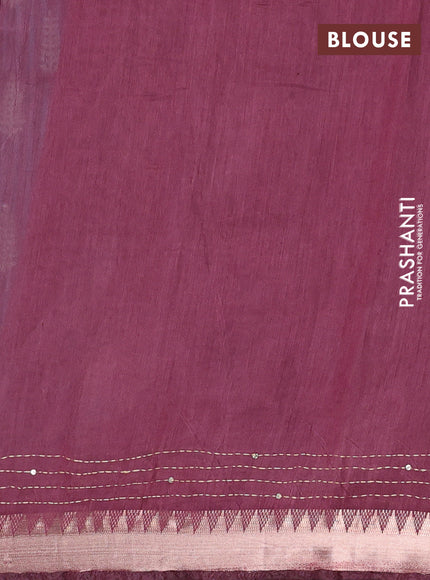 Semi tussar saree peacock blue and wine shade with allover prints & kantha stitch work and zari woven border