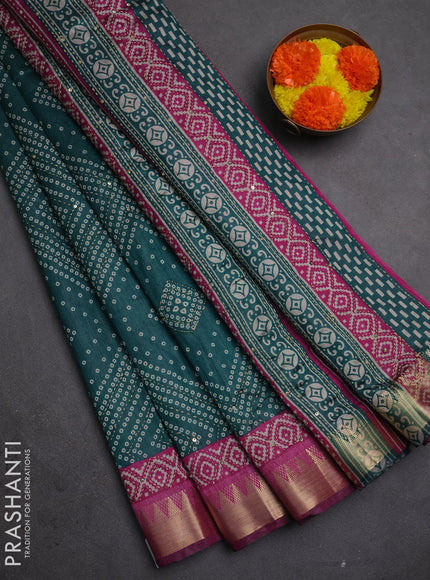Semi tussar saree peacock green and purple with allover bandhani prints & kantha stitch work and zari woven border