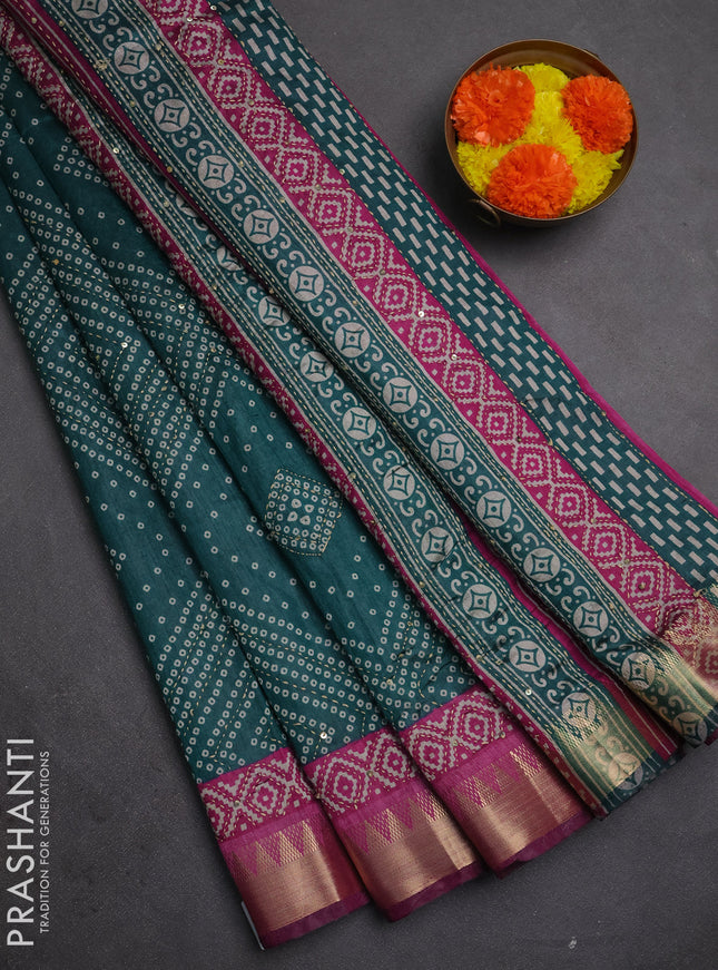 Semi tussar saree peacock green and purple with allover bandhani prints & kantha stitch work and zari woven border