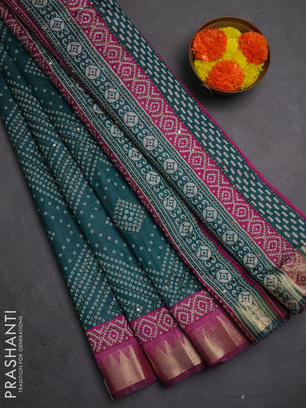 Semi tussar saree peacock green and purple with allover bandhani prints & kantha stitch work and zari woven border