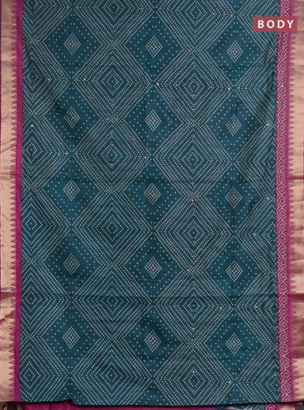 Semi tussar saree peacock green and purple with allover bandhani prints & kantha stitch work and zari woven border