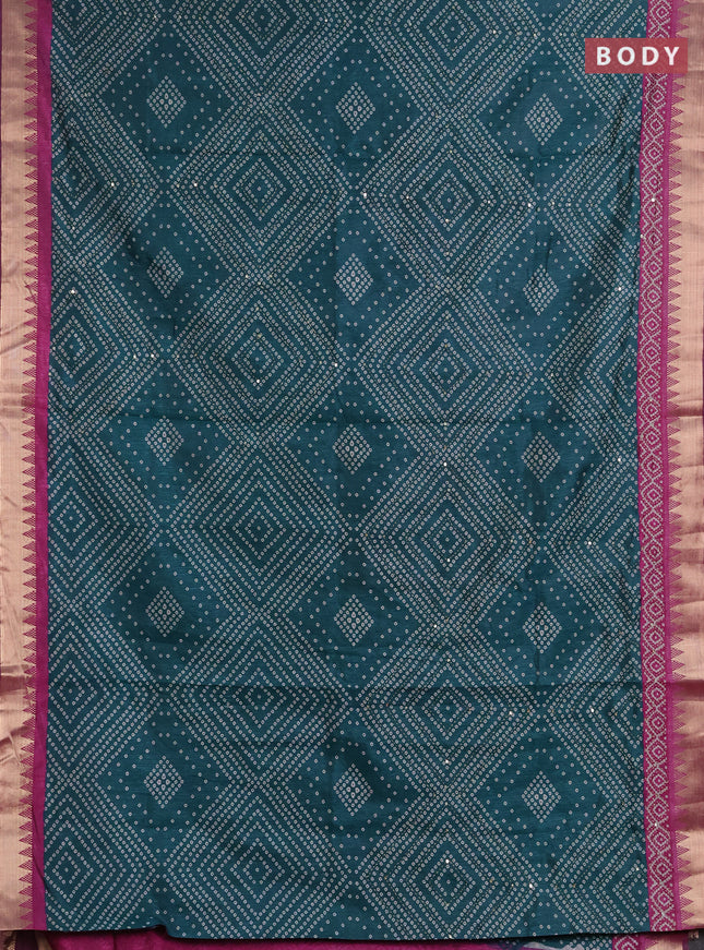 Semi tussar saree peacock green and purple with allover bandhani prints & kantha stitch work and zari woven border