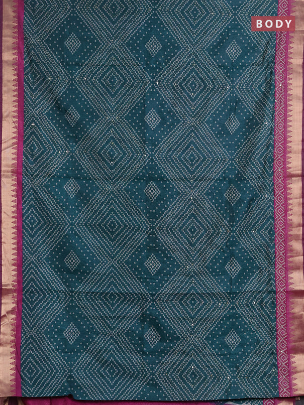 Semi tussar saree peacock green and purple with allover bandhani prints & kantha stitch work and zari woven border
