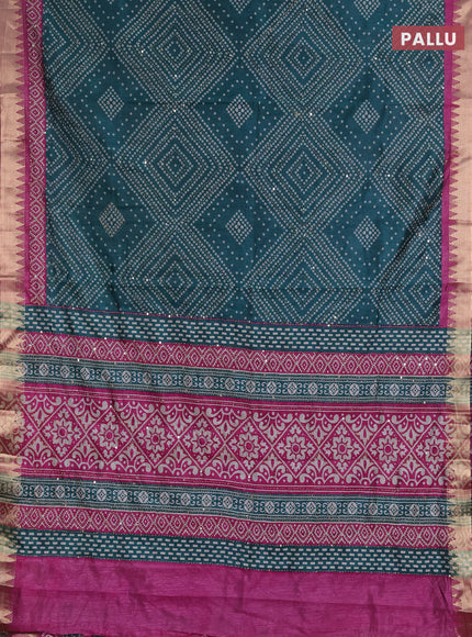 Semi tussar saree peacock green and purple with allover bandhani prints & kantha stitch work and zari woven border