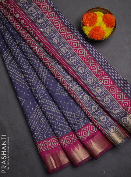 Semi tussar saree greyish blue and magenta pink with allover bandhani prints & kantha stitch work and zari woven border