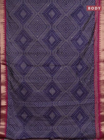 Semi tussar saree greyish blue and magenta pink with allover bandhani prints & kantha stitch work and zari woven border