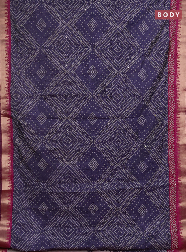 Semi tussar saree greyish blue and magenta pink with allover bandhani prints & kantha stitch work and zari woven border