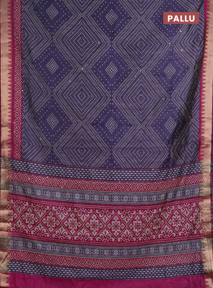 Semi tussar saree greyish blue and magenta pink with allover bandhani prints & kantha stitch work and zari woven border