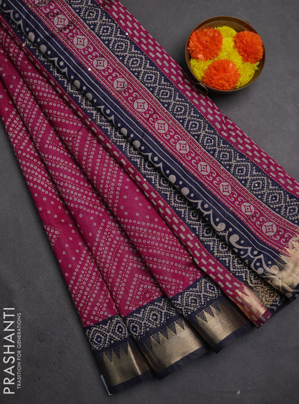 Semi tussar saree magenta pink and navy blue with allover bandhani prints & kantha stitch work and zari woven border
