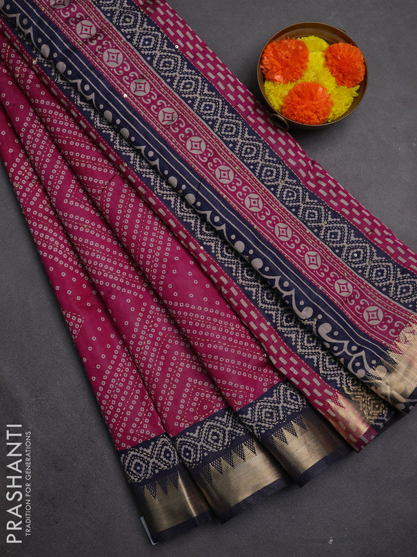 Semi tussar saree magenta pink and navy blue with allover bandhani prints & kantha stitch work and zari woven border