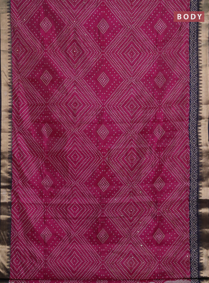 Semi tussar saree magenta pink and navy blue with allover bandhani prints & kantha stitch work and zari woven border