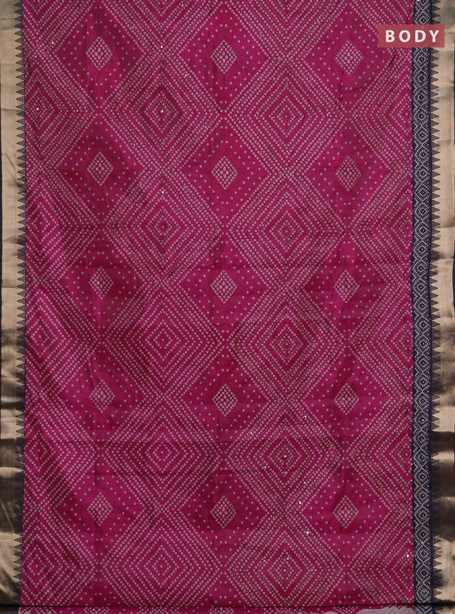Semi tussar saree magenta pink and navy blue with allover bandhani prints & kantha stitch work and zari woven border