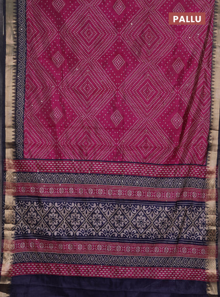 Semi tussar saree magenta pink and navy blue with allover bandhani prints & kantha stitch work and zari woven border