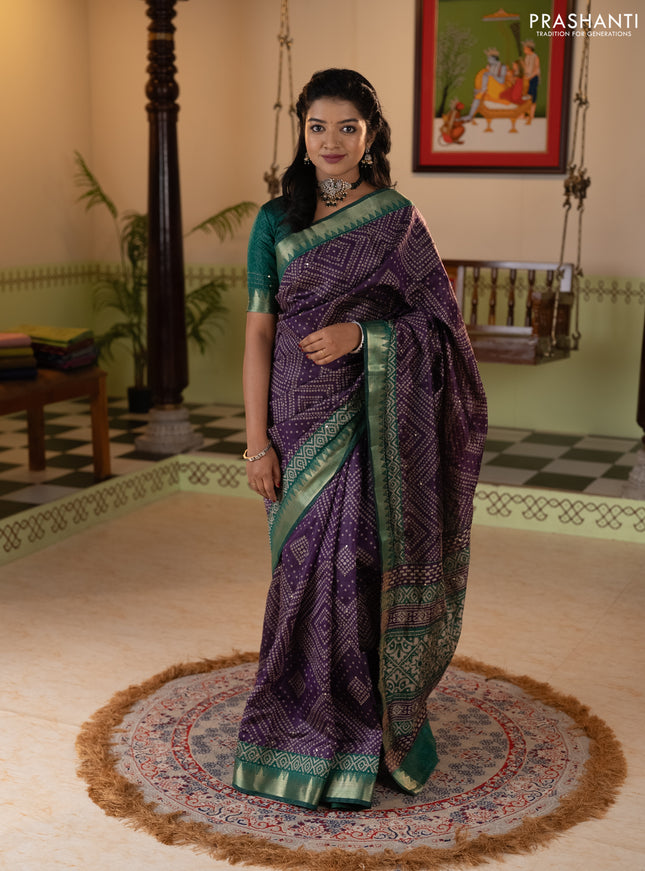 Semi tussar saree violet and teal green with allover bandhani prints & kantha stitch work and zari woven border