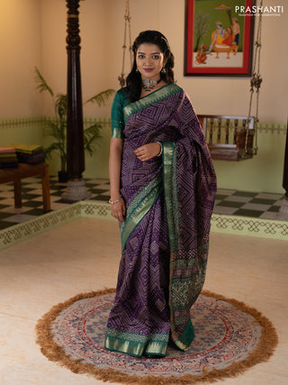 Purple & Green Semi Tussar Saree - Kantha Work