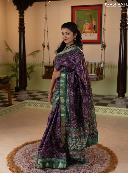 Purple & Green Semi Tussar Saree - Kantha Work