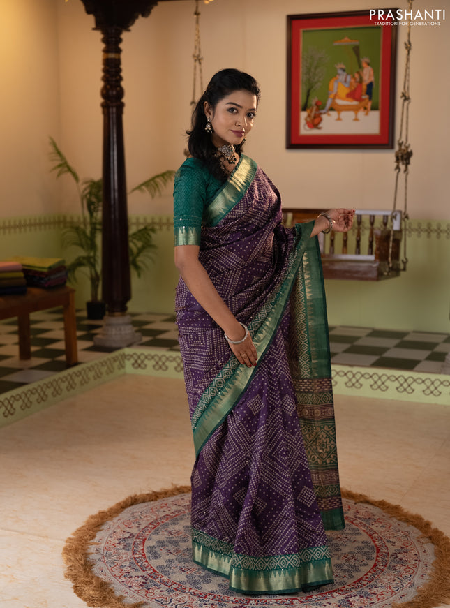 Semi tussar saree violet and teal green with allover bandhani prints & kantha stitch work and zari woven border