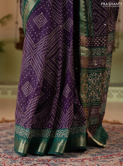 Purple & Green Semi Tussar Saree - Kantha Work