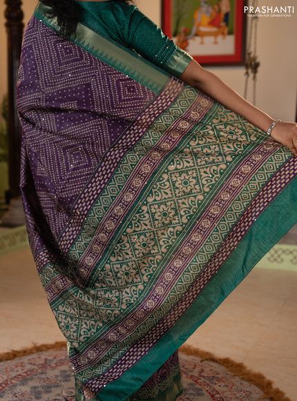 Purple & Green Semi Tussar Saree - Kantha Work